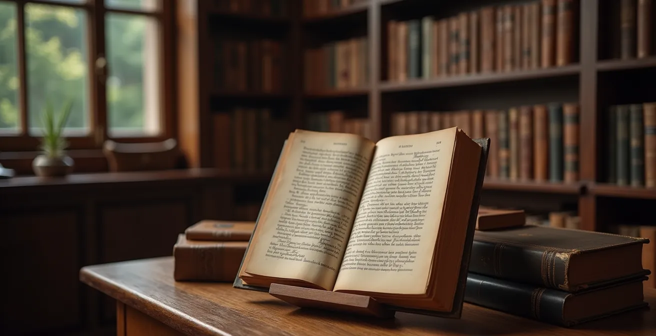 Bibliothèque personnelle avec un manuscrit précieux exposé comme pièce maîtresse