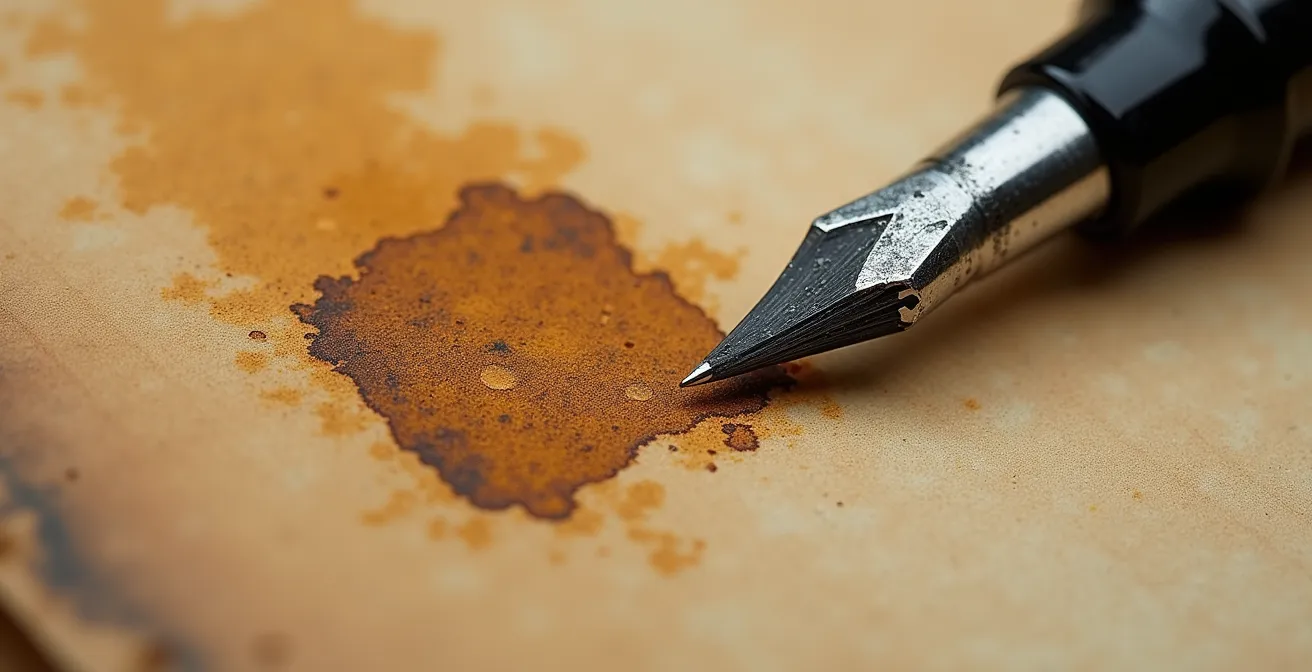 Détail macro de ratures et corrections manuscrites à l'encre noire sur papier ancien