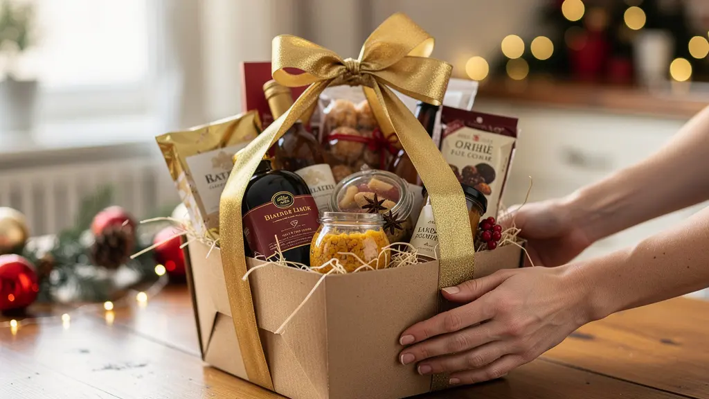 Corbeille en carton dorée garnie de produits gourmands avec ruban décoratif