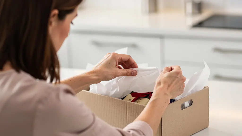 Femme disposant du papier de soie dans une corbeille carton cadeau