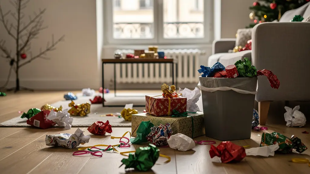 Restes de papier cadeau froissé typique après les fêtes de Noël