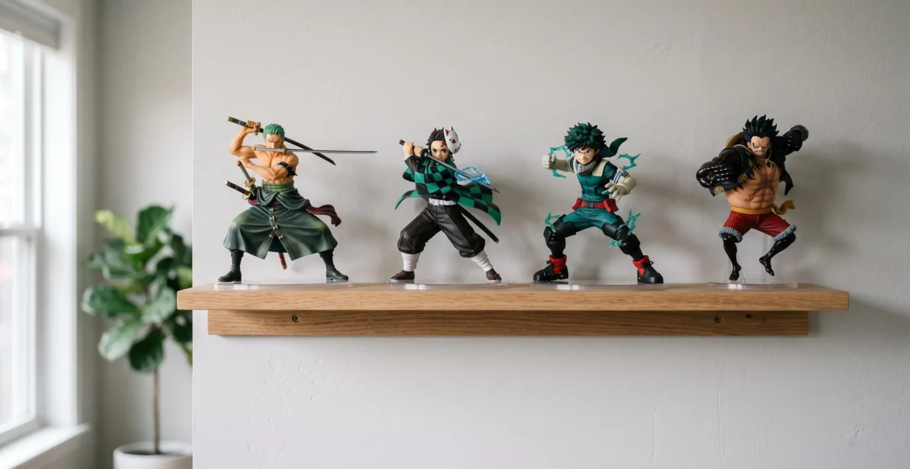 Collection de figurines manga officielles de qualité disposées sur étagère en bois, détails de finition visibles grâce à un éclairage naturel latéral doux