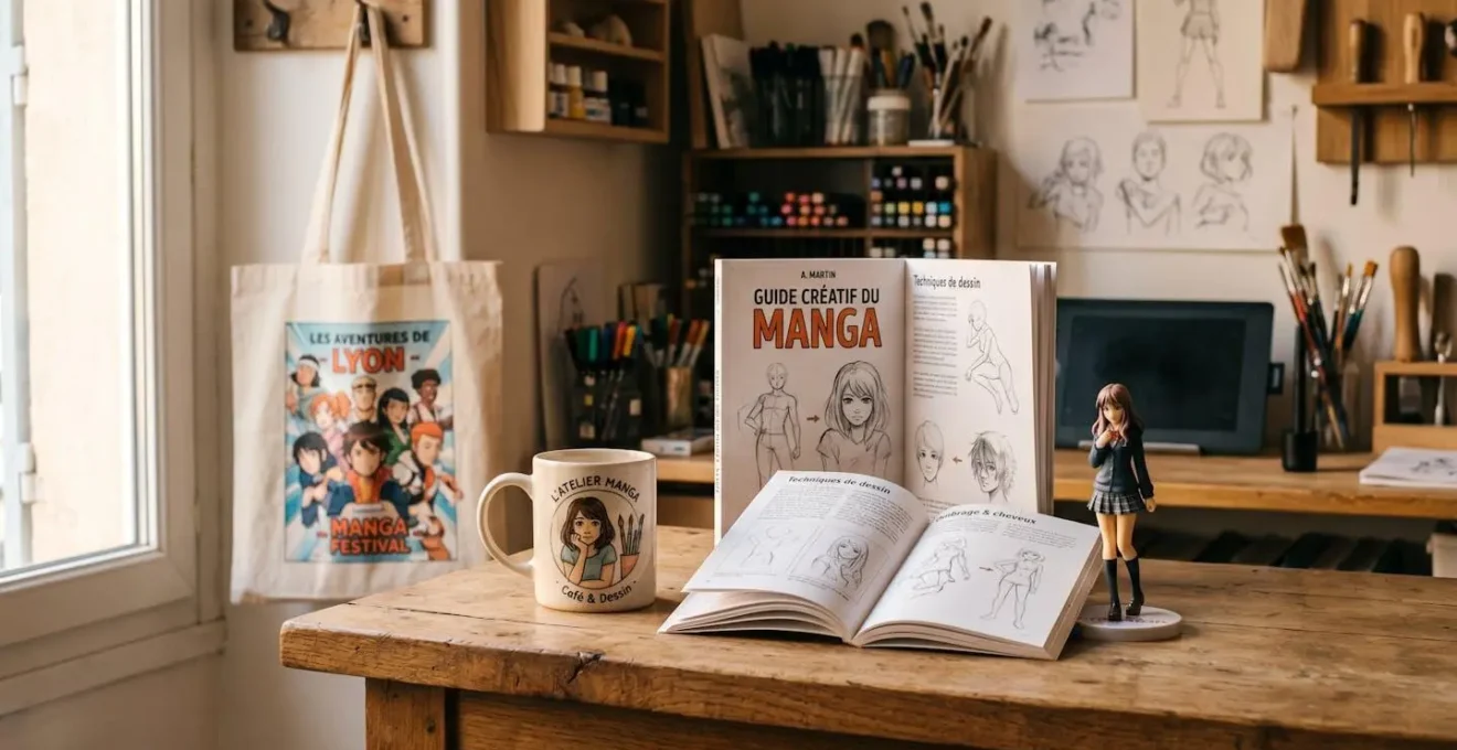 Comptoir d'atelier artisanal français présentant une sélection de cadeaux manga : mug illustré à la main, tote bag imprimé, figurine officielle et livre de dessin, baignés de lumière naturelle matinale