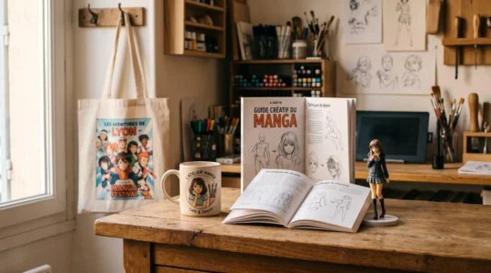 Comptoir d'atelier artisanal français présentant une sélection de cadeaux manga : mug illustré à la main, tote bag imprimé, figurine officielle et livre de dessin, baignés de lumière naturelle matinale