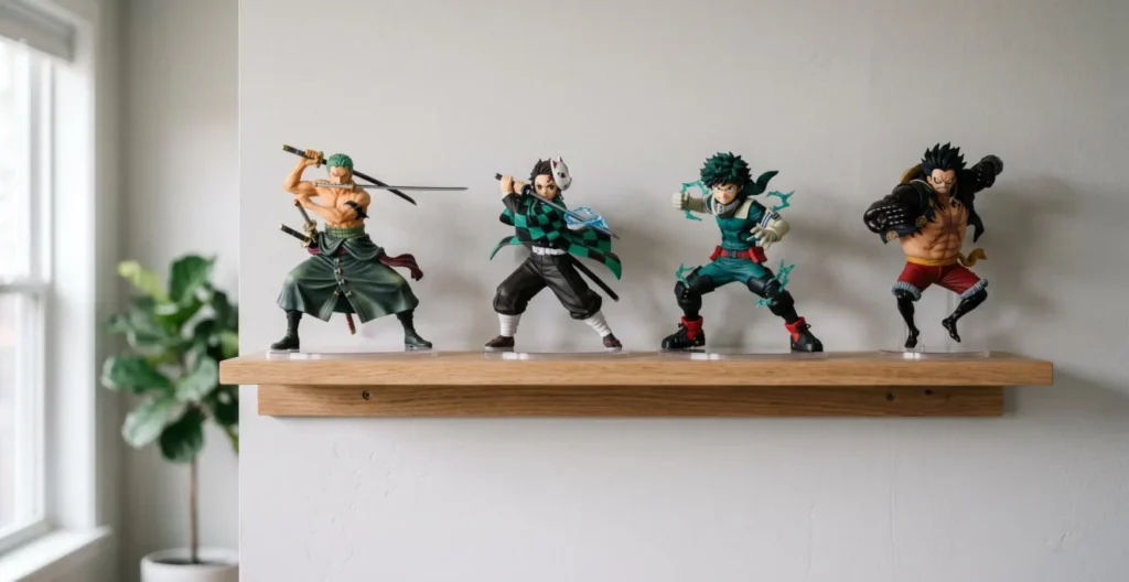Collection de figurines manga officielles de qualité disposées sur étagère en bois, détails de finition visibles grâce à un éclairage naturel latéral doux
