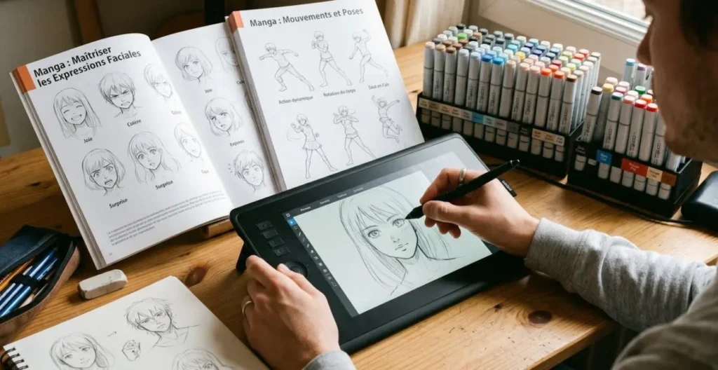 Mains de jeune adulte esquissant un personnage manga sur tablette graphique, entourées de livres d'apprentissage ouverts et de feutres organisés sur un bureau créatif bien éclairé
