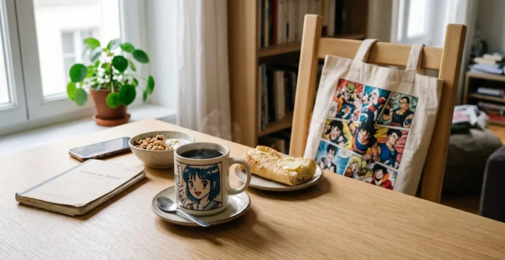 Mug manga illustré à la main posé sur table de petit-déjeuner en bois avec tote bag imprimé accroché en arrière-plan, baignés de lumière naturelle matinale douce